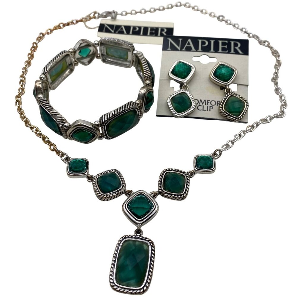 NWT Napier Silver Tone Teal Green Facet Stone Necklace Bracelet Earrings LOOK